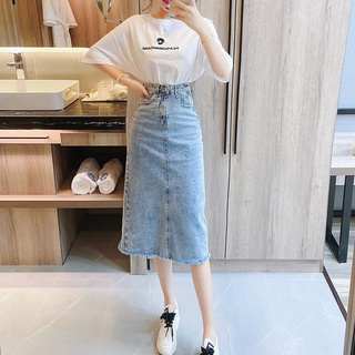 Chân váy jean dài qua gối màu xanh đá, phom chữ A nhẹ, lưng cao co dãn mạnh 3170 MLJ