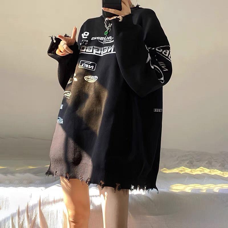 ✿♠Áo Sweater dệt kim dáng rộng in chữ kiểu Retro đường phố cá tính cho nam và nữ | BigBuy360 - bigbuy360.vn