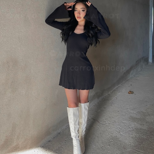 Đầm body nữ ôm eo sexy tay dài loe váy xòe ngắn màu đen chất thun co giãn cá tính, phong cách Carrotxinhdep