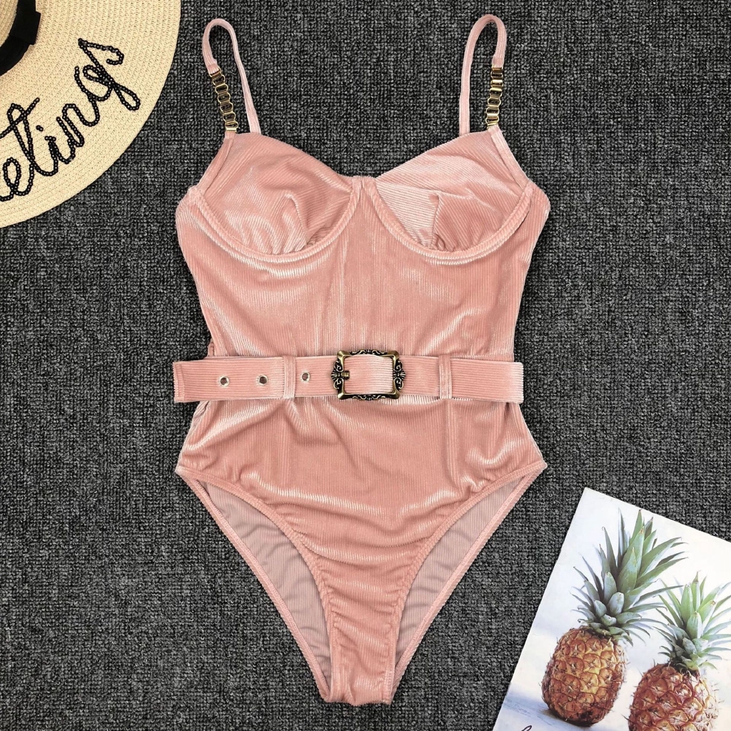 Bộ đồ tắm bikini một mảnh hai dây phối thắt lưng khóa kim loại thời trang