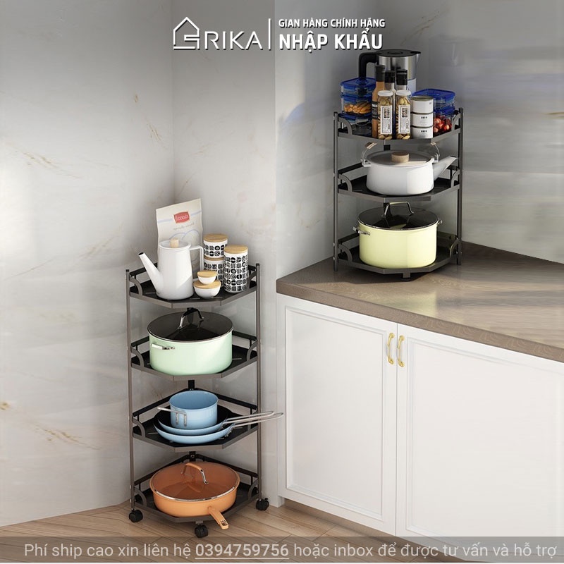 Kệ góc nhà bếp đa năng để xong nồi gia vị thông minh 2 3 4 tầng RIKA KDN-029, thép carbon sơn đen tích điện, kệ gầm bếp