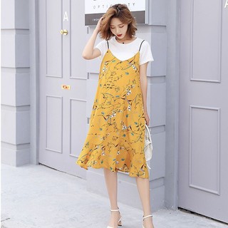 THANH LÝ ĐẦM Bầu : Sét Váy Yếm Bầu Vàng 2 Dây Họa Tiết Hoa Nhí - Cao Cấp