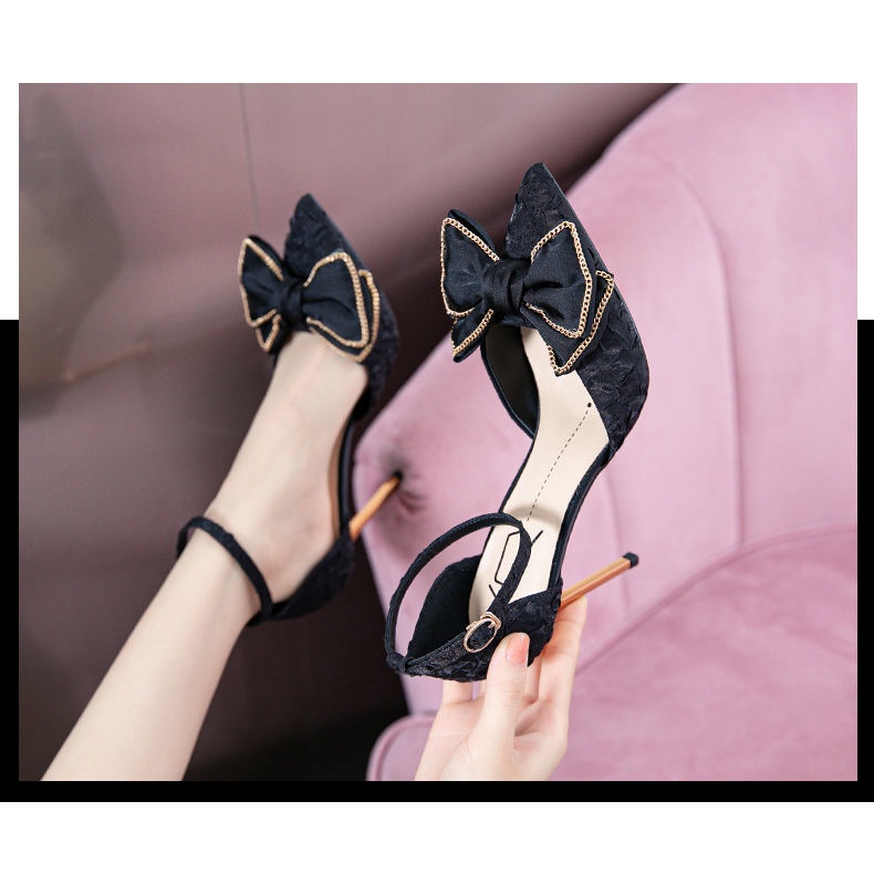 Giày cao gót đính nơ thiết kế thời trang theo phong cách pháp dành cho nữ 2021
