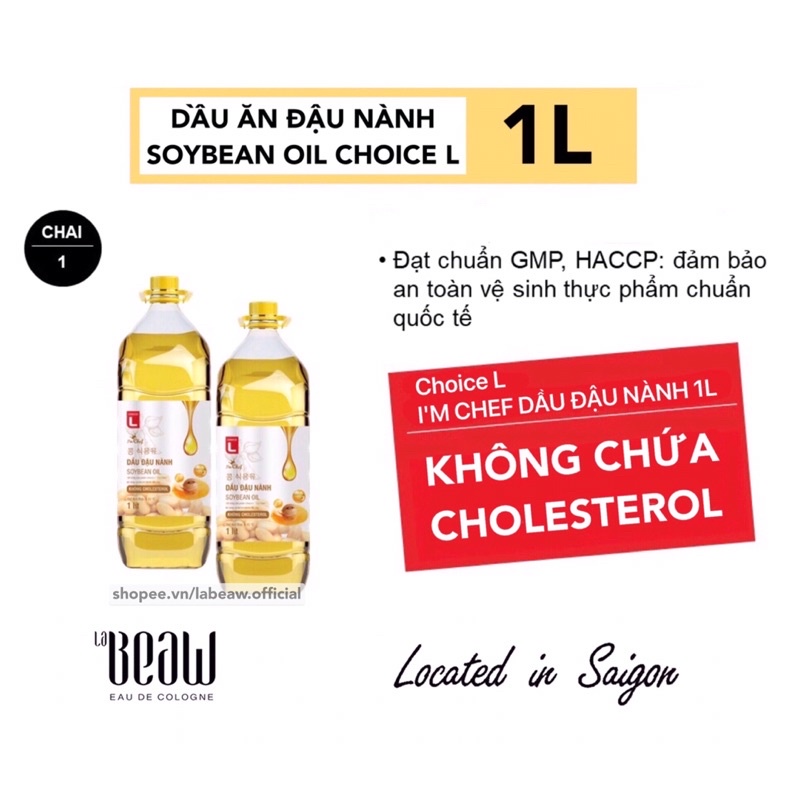 Dầu đậu nành CHOICE L chai 1L không Cholesterol theo tiêu chuẩn Hàn Quốc (rẻ hơn dầu ăn SIMPLY)