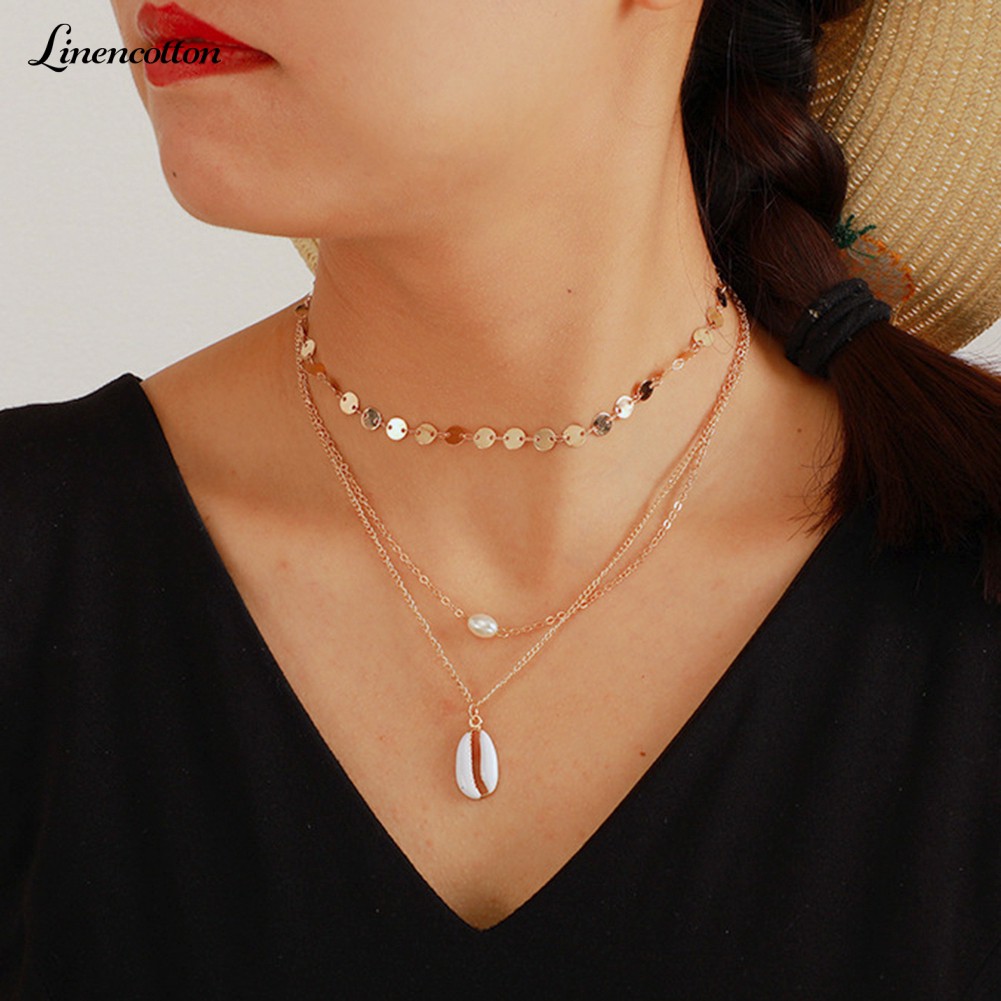 Multi-layer Sequins Choker Faux Pearl Shell Necklace