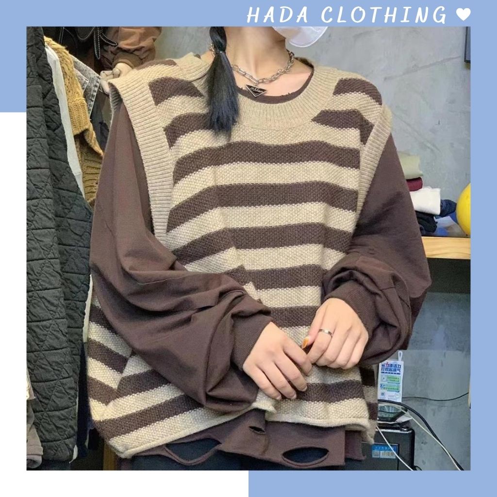 Áo gile len nữ kẻ sọc ngang dáng rộng Hada phong cách ulzzang - AL03