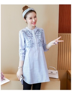 Áo bầu công sở thêu hoa dáng dài