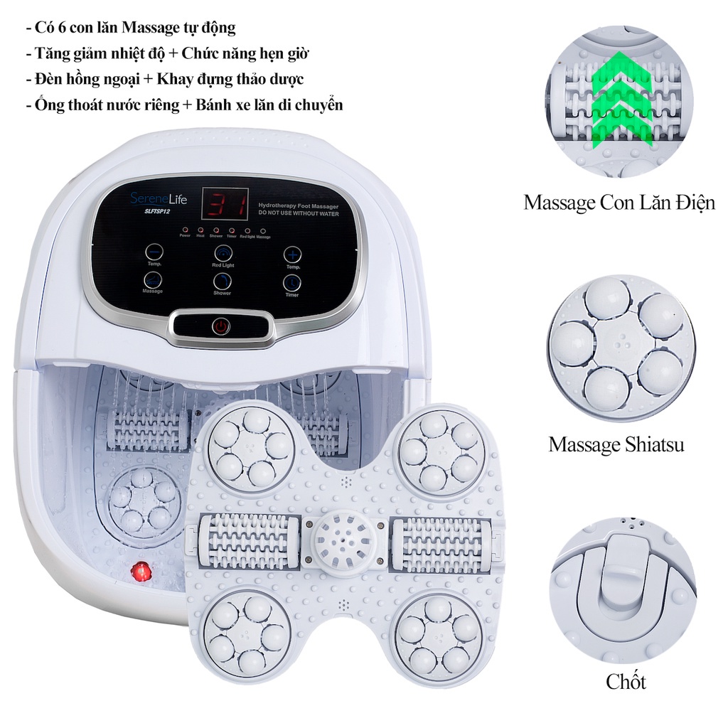 Bồn ngâm chân massage Serenelife SL12 HTBeauty tự làm nóng nước với con lăn massage tự động giúp thư giãn chân, thải độc