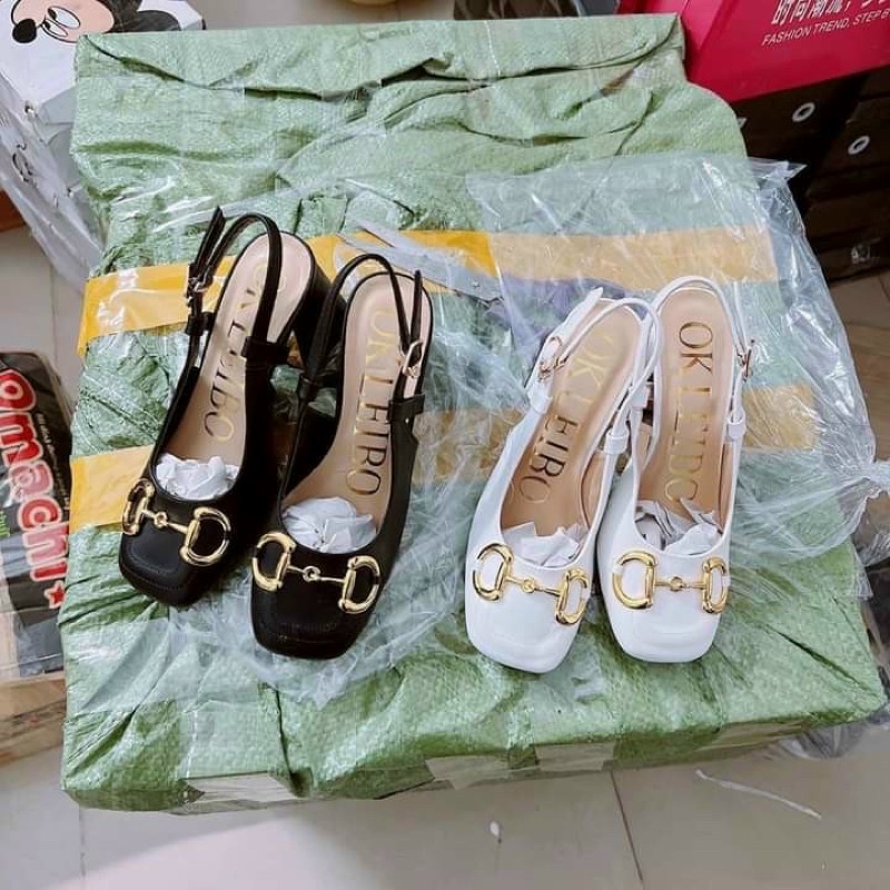 ZZ99- Sandal 7cm gót bọc khoá DD vàng- giày cao gót nữ bít mũi gót vuông(buty)