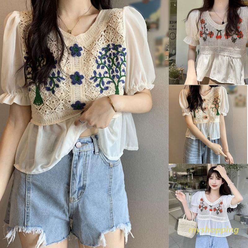 Áo Sơ Mi Chiffon Tay Ngắn Phồng Cổ Chữ V Thêu Họa Tiết Hoa Dành Cho Nữ