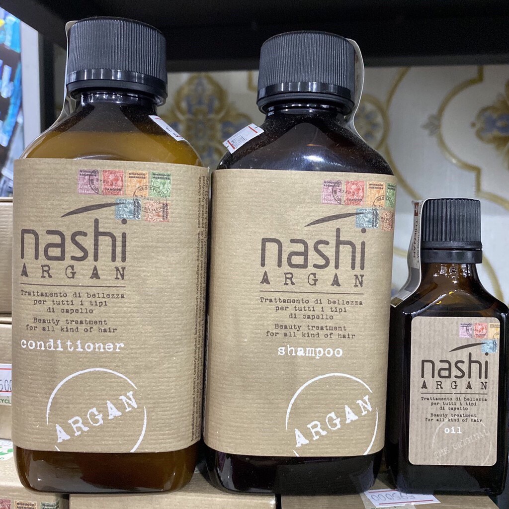 Combo gội xả và tinh dầu Nashi Argan phục hồi tóc hư tổn 200mlx2/30ml ( set du lịch)
