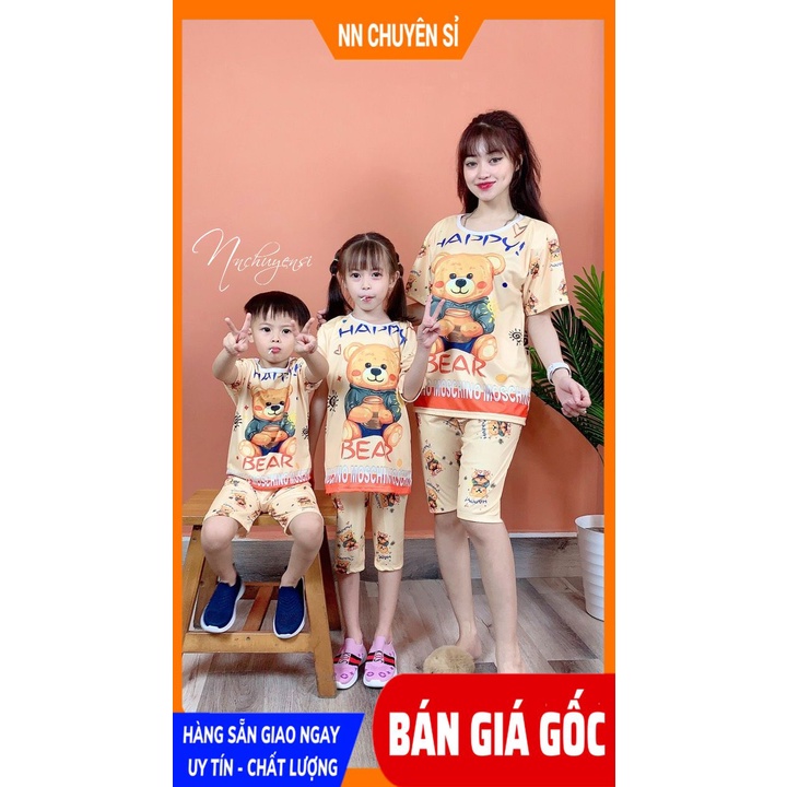Đồ bộ thun quần LỬNG mẹ và bé size đến 70kg chất thun mềm mát in hình gấu hoạt hình chibi dễ thương DBRBL FULL SIZE