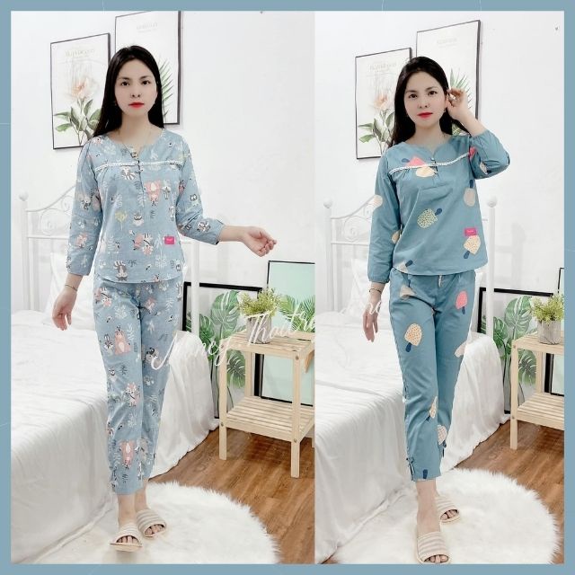 Đồ Bộ Mặc Nhà Nữ Thun Cotton 35% Dài Tay, Bộ Đồ Ngủ Mặc Sau Sinh Ở Nhà Vải Kate Hàn Quốc Thoáng Mát, Mềm Mịn Nhiều Size