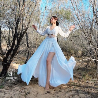  HOANGYEN -  Đầm trắng tay dài xẻ tà viền boho chất tằm không nhăn 