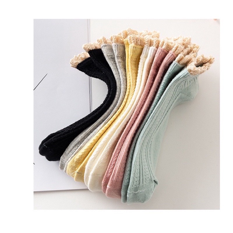 Tất vớ nữ cổ ngắn len gân phối cổ bèo nhún Vintage phong cách Hàn Quốc