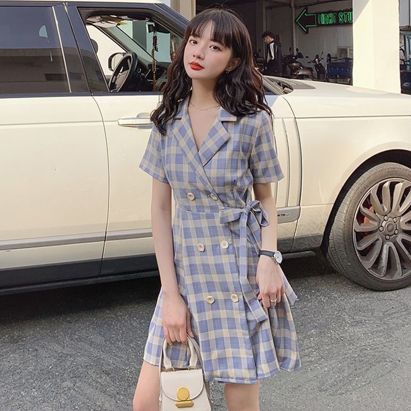 Đầm Tay Ngắn Cổ Vest Dáng Ôm Kẻ Sọc Ca Rô Thiết Kế Mới Xinh Xắn Cho Nữ