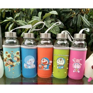 Bình nước doremon thuỷ tinh có dây xách BNVI21 chai nước hoạt hình bọc vải cute dễ thương 350ml