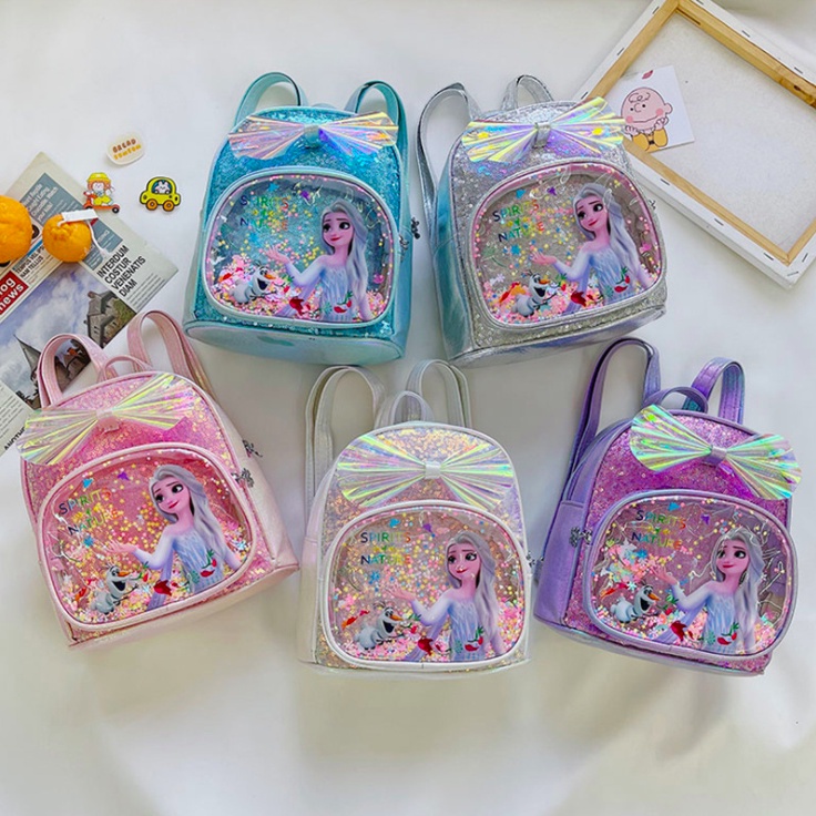Ba lô mini trong suốt đính kim sa lấp lánh họa tiết công chúa Elsa Disney chống thấm nước mềm mại thoáng khí cho bé gái