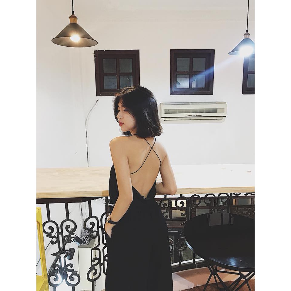 Set áo hở lưng + quần ống rộng - đen trơn | BigBuy360 - bigbuy360.vn