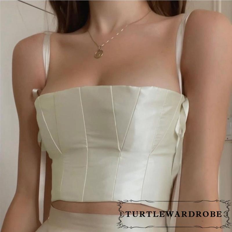 ◕‿◕Set Áo Croptop Sát Nách Hở Lưng + Chân Váy Xếp Li Màu Sắc Đơn Giản Cho Nữ
