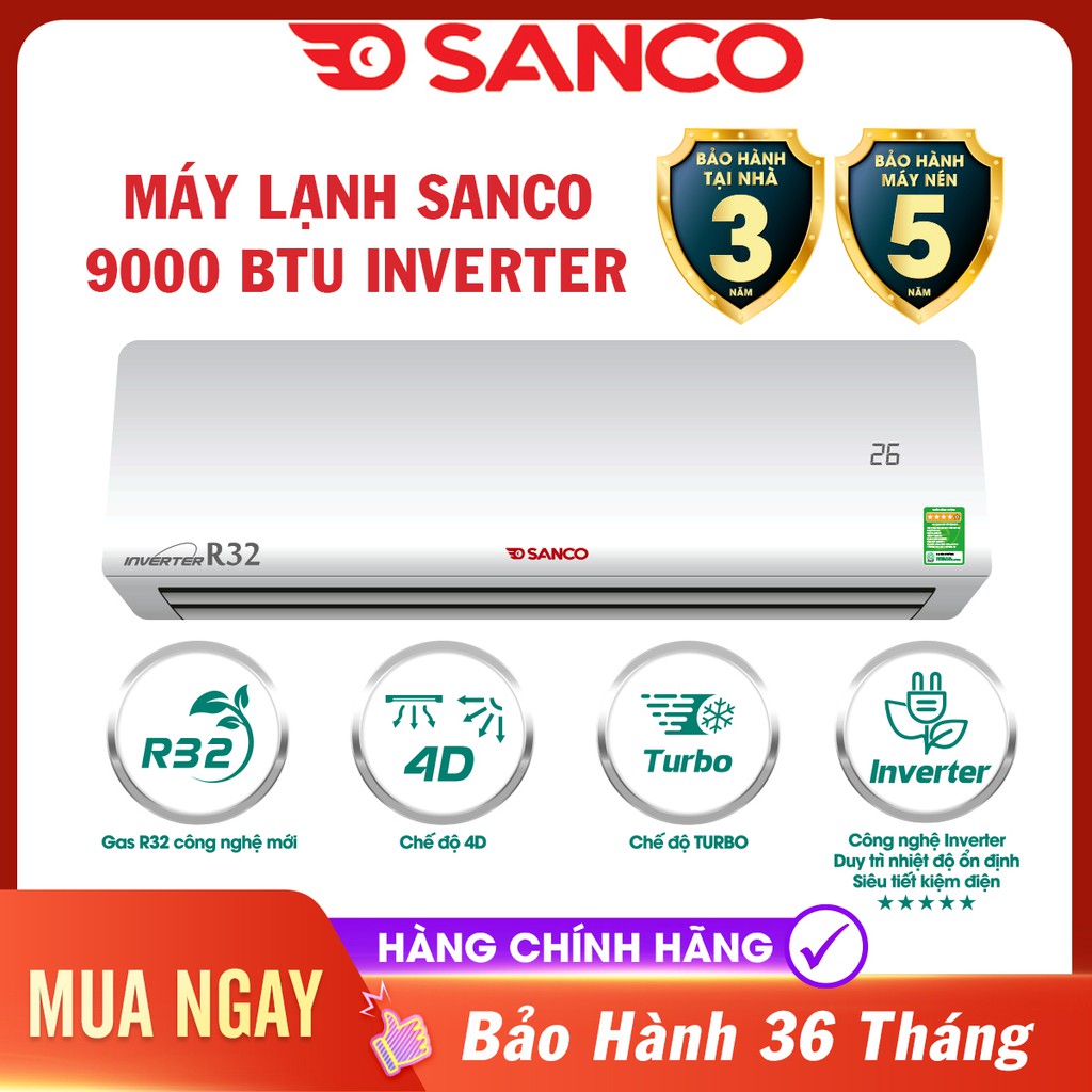 Máy Lạnh Inverter Sanco 1HP - Model SI500DC09 Dưới 15m2, Công Suất 9000BTU, Gas R32, Máy Lạnh Giá Rẻ Chất Lượng, lắp đặt