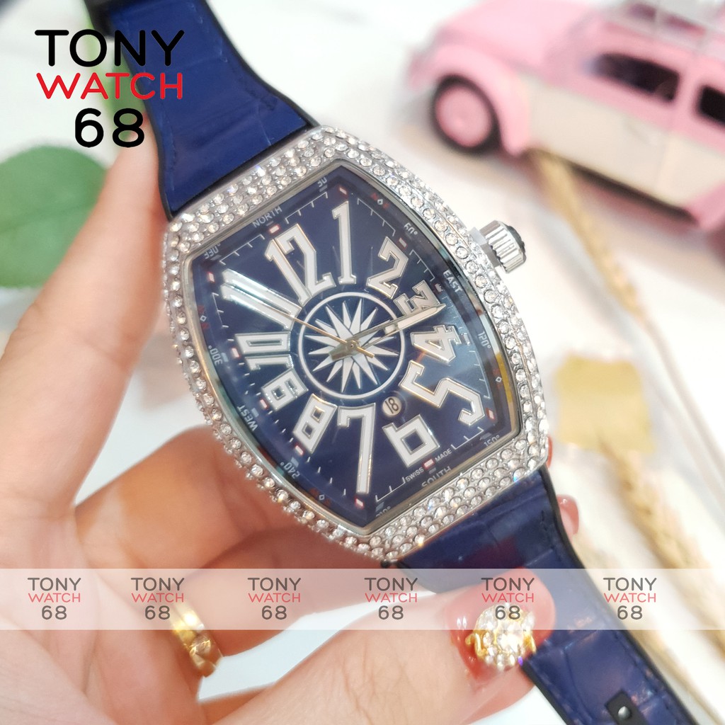 Đồng hồ nam FM bầu dục đính đá khóa thông minh dây cao su bọc da siêu bền chính hãng Tony Watch 68