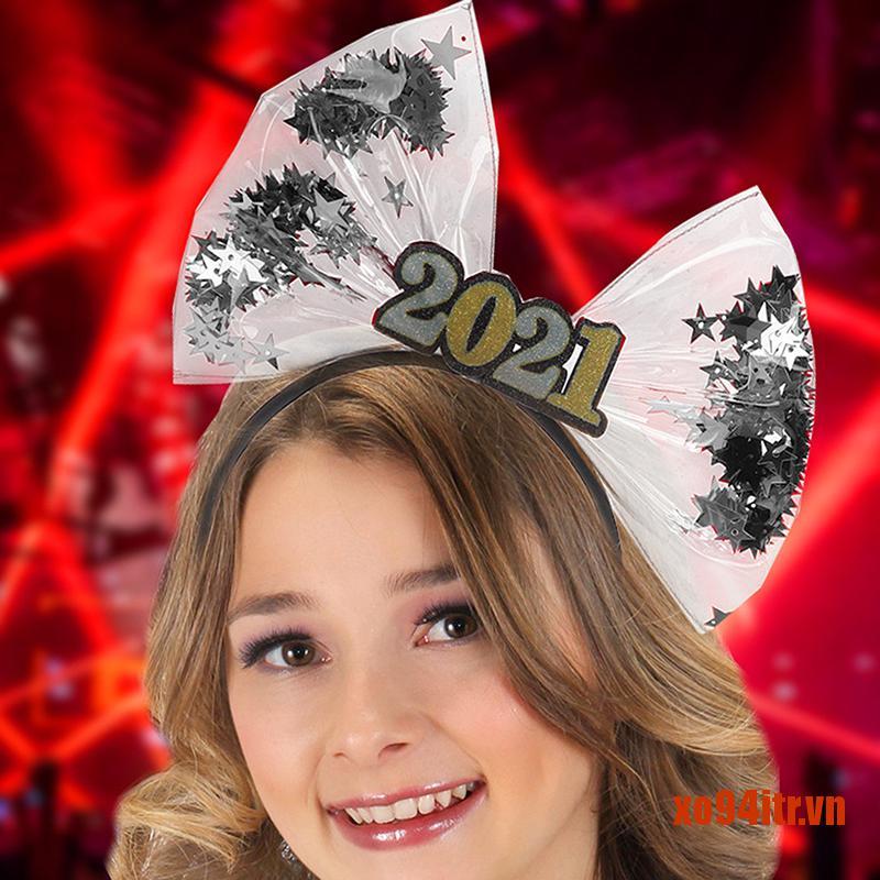 XOITR  Happy New Year Bow Headband 2021 Party Decor Photo Props Hair Hoop Accessor