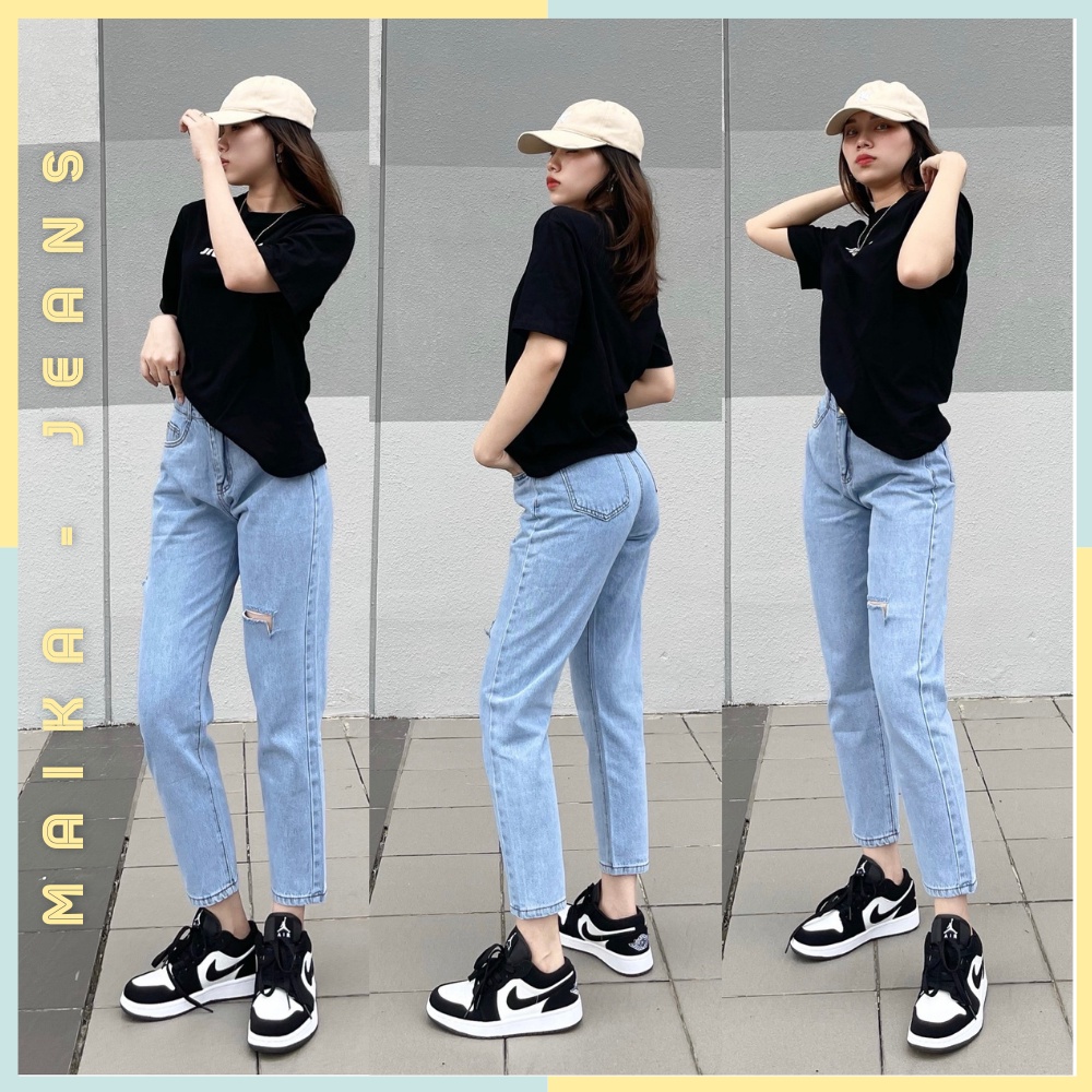 (Freeship) Quần Jeans Nữ Baggy Cạp Cao Siêu Tôn Dáng Rách Hông Và Đùi Lai Quân Cắt Gấu (Hình thật shop chụp) | BigBuy360 - bigbuy360.vn
