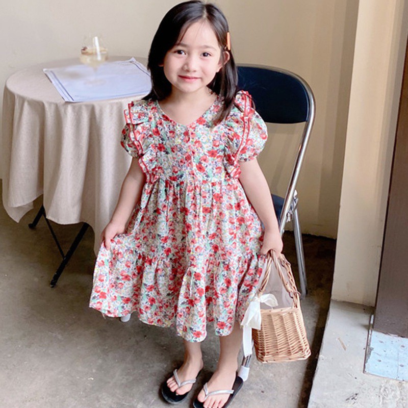 Đầm Bé Gái Thắt Nơ In Hoa Phong Cách Hàn Quốc