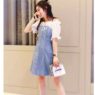 Đầm liền jean phối bẹt vai