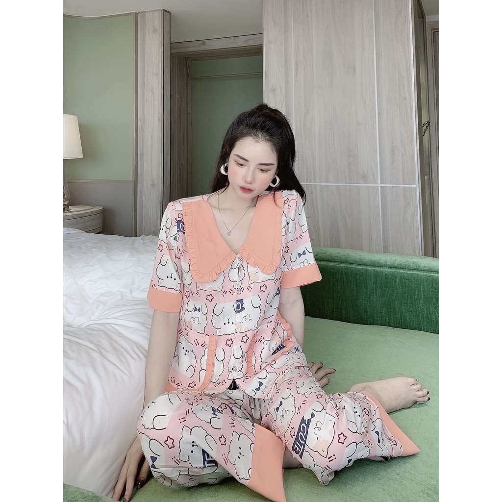 Đồ Bộ Pijama Nữ Lụa Mango Cao Cấp,Tay Cộc Quần Dài,Hàng Thiết Kế Tiểu Thơ