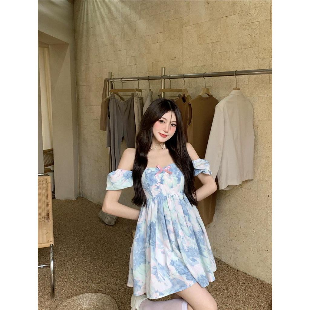 Đầm Chữ A Tay Phồng Cổ Búp Bê Màu Xanh Dương Thời Trang Mùa Hè Xinh Xắn Cho Nữ