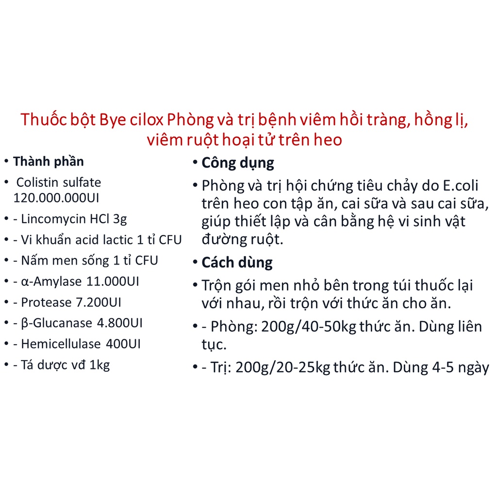 Bye cilox 200G, 1KG viêm hồi tràng, hồng lị, viêm ruột hoại tử trên heo cai sữa. heo thịt