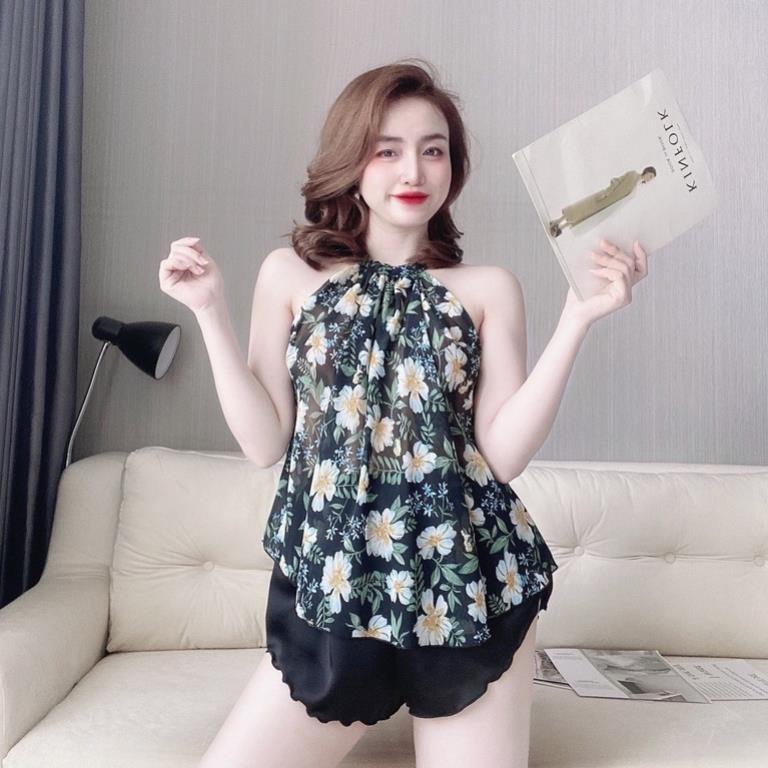 Đồ ngủ sexy nữ SOJUN Bộ yếm Voan cột nơ sexy satin phối voan size &lt;65kg