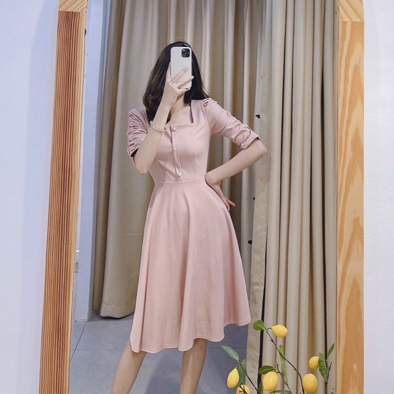 (FREESHIP) Váy đầm thiết kế đầm dự tiệc 3 khuy tay ngắn dúm tay dáng xòe cao cấp | BigBuy360 - bigbuy360.vn