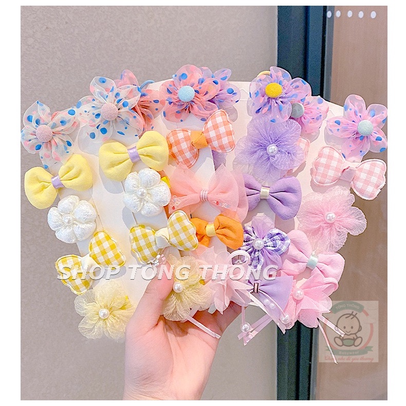 Set 10 kẹp tóc nơ lụa hoa Tết năm mới cho bé gái xinh xắn đáng yêu hàng cao cấp loại 1 không đau hình thật mã 12 đến 24