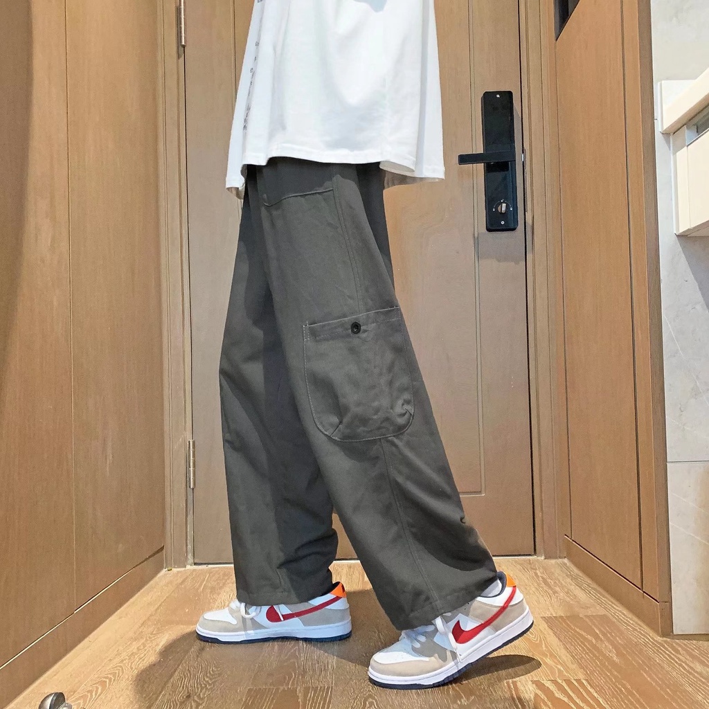 ♞AFF LIGA♞ Quần Dài Ống Rộng Có Túi Màu Trơn Thời Trang Dành Cho Nam