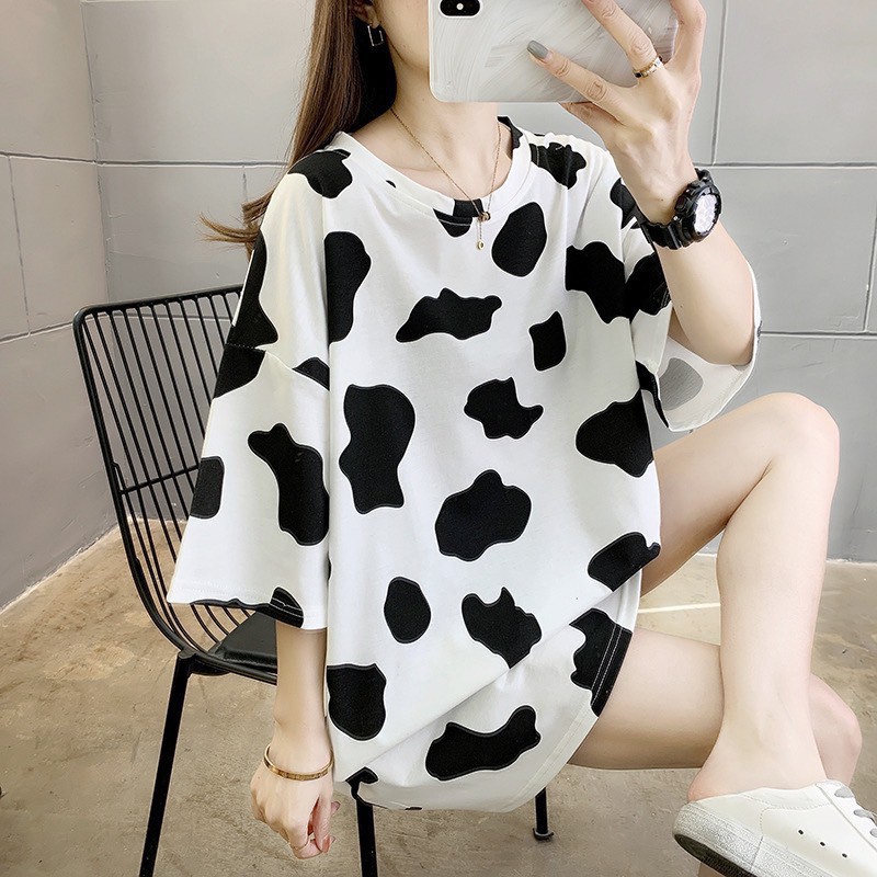 áo thun tay lỡ nam nữ họa tiết bò sữa, áo thun tay ngắn form rộng unisex bò sữa, áo thun phông rộng freesize