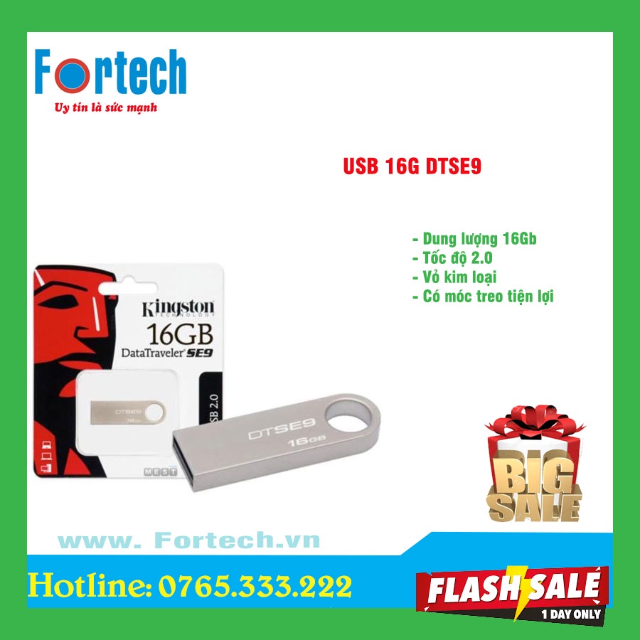 USB Flash KT 16G DTSE9 nhôm nguyên khối, chống nước, có móc treo chìa khóa.