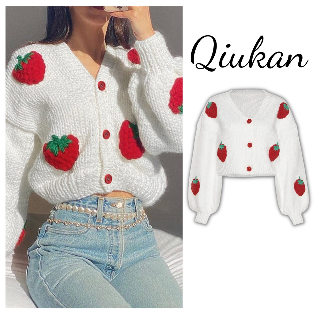 Áo khoác cardigan dệt kim tay dài phối nút họa tiết dâu nổi, Khoác Cardigan croptop nữ phong cách Hàn Quốc