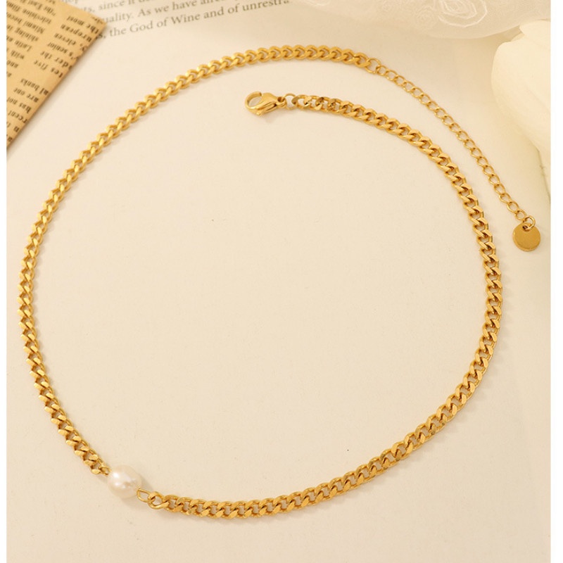 Dây Chuyền Choker Dây Xích Mặt Ngọc Trai Nhân Tạo Titan Ko Đen TT 4238