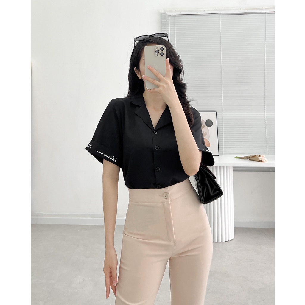 Áo sơ mi tay ngắn cổ vest thêu chữ ulzzang thời trang VM STYLE 22SU03DH0401