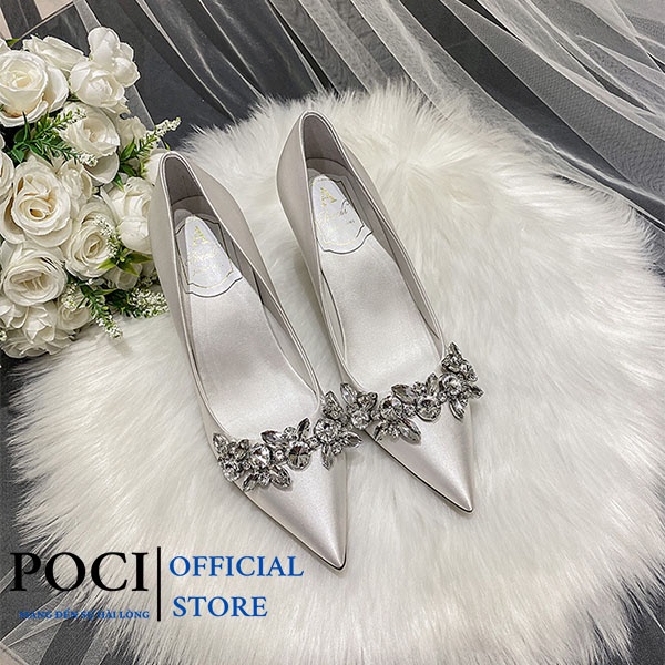 Giày cao gót lụa satin mặt hoa lá đá siêu sang POCI 218