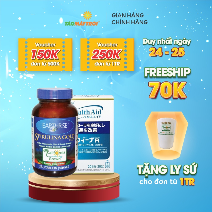 Combo tăng cân Tảo mặt trời Spirulina Gold Plus Mỹ hộp 360 viên + Men vi sinh Bifina Nhật Bản R 60 gói