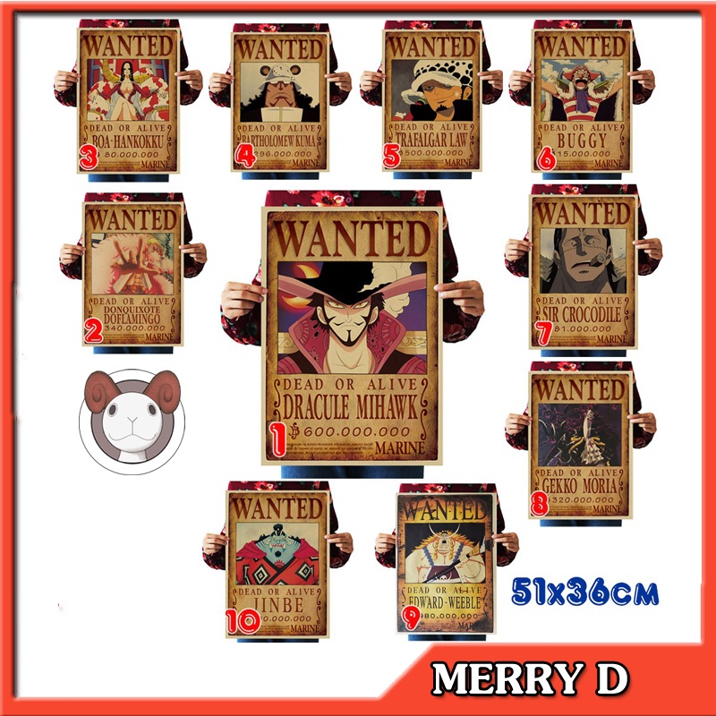 Poster One Piece Shichibukai 51x36cm Vintage - Hình Thất Vũ Hải Vua Hải Tặc - Mihawks, Doffy, Hancock, Kuma, Law,...