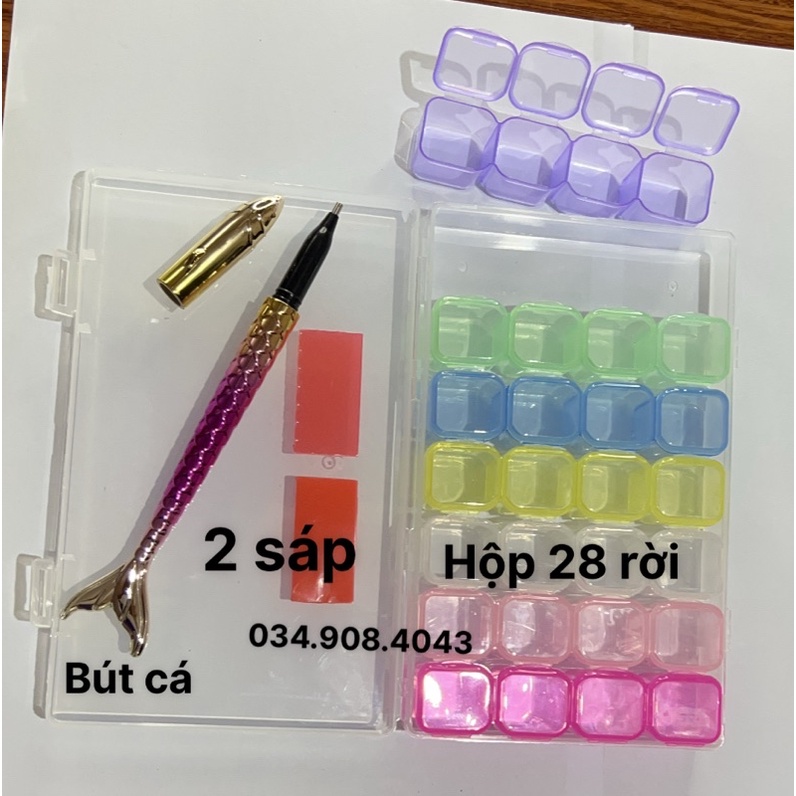 Bộ dụng cụ làm tranh đính đá hộp 28 rời , 2 sáp , bút cá