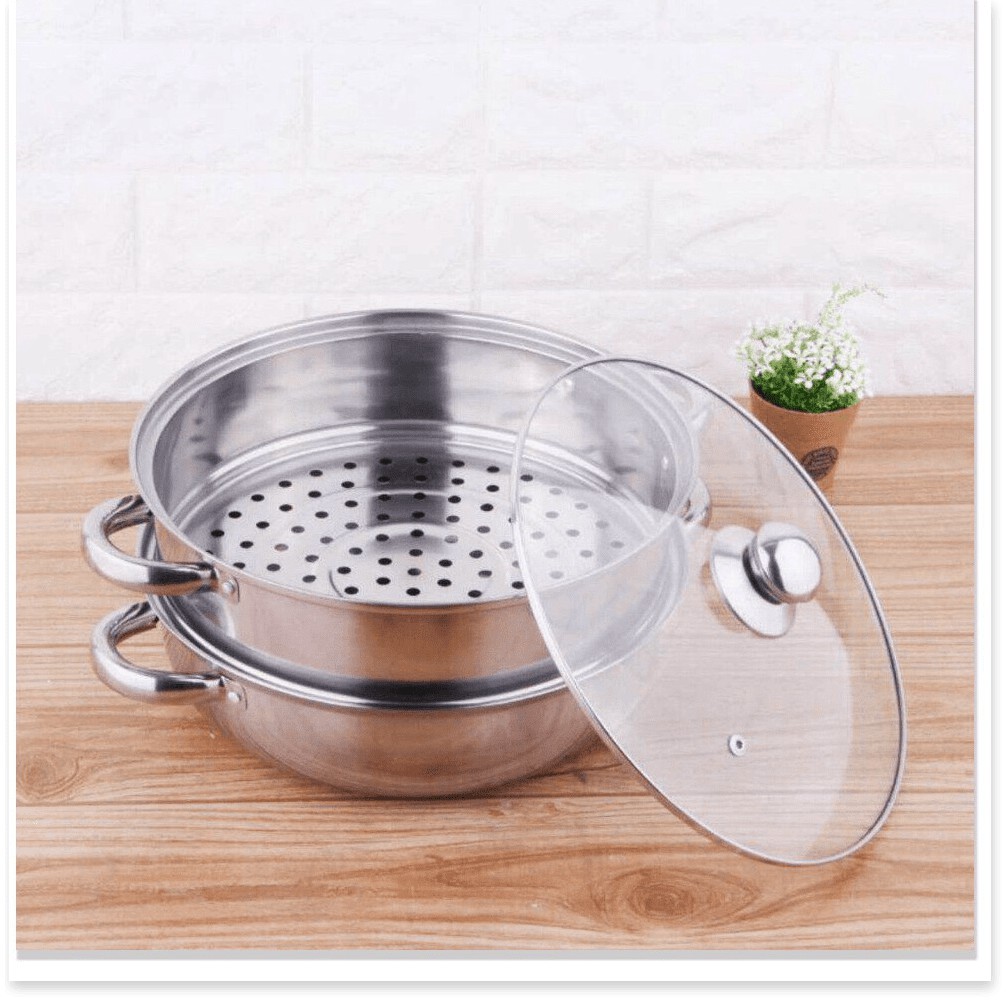 NỒI HẤP INOX 2 TẦNG ĐA NĂNG, NỒI CÁCH THỦY DÙNG ĐƯỢC CHO BẾP TỪ (SIZE 28CM) - NOIHAP2T