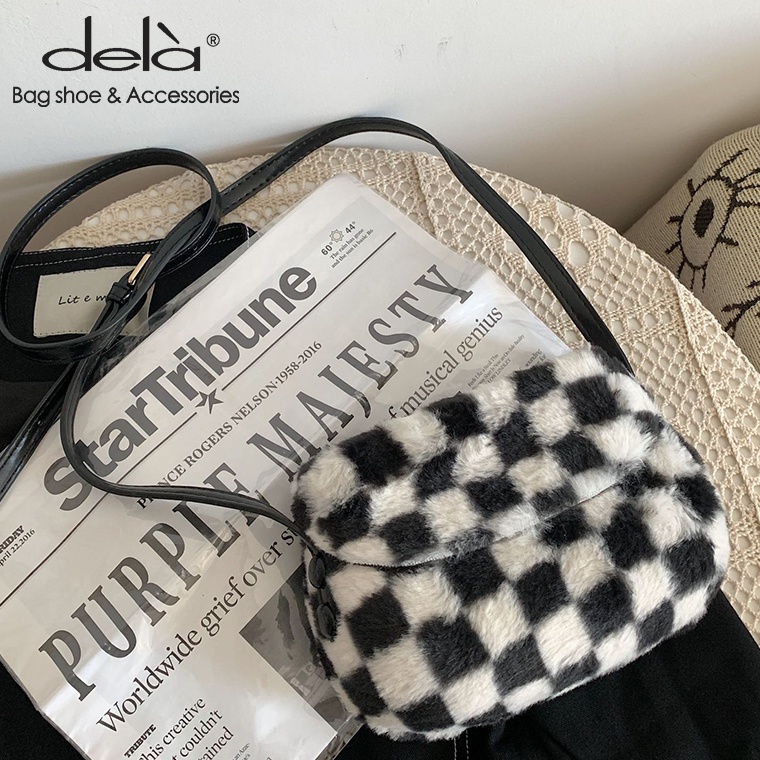 Dela Túi Đeo Chéo Một Bên Vai Bằng Len Nhỏ Nhắn Họa Tiết Kẻ Sọc Đen Trắng Thời Trang Thu Đông Đơn Giản Dành Cho Bạn Nữ