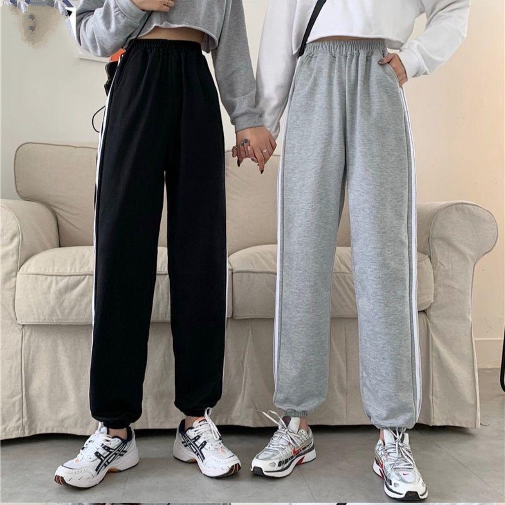 Size 38-100kg Quần Jogger ống rộng bo thun Thêu 3 sọc cho Nam Nữ Ulzzang Unisex