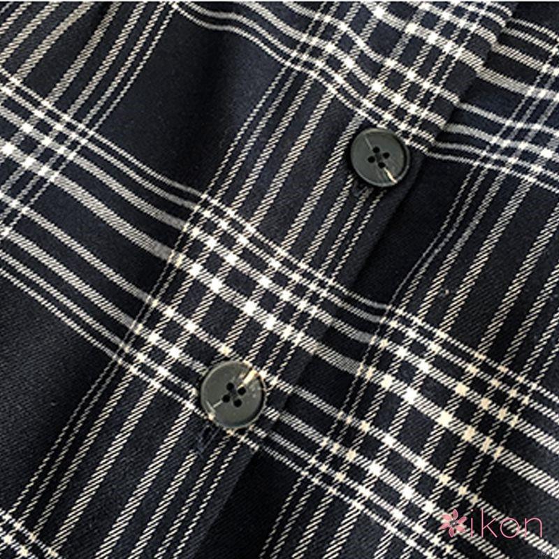 Chân váy caro dài lưng cao phối nút phong cách retro